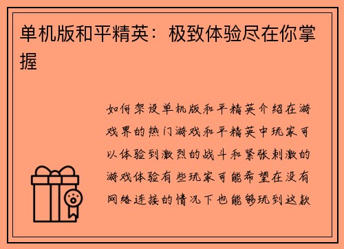 单机版和平精英：极致体验尽在你掌握
