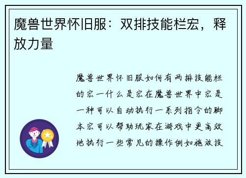 魔兽世界怀旧服：双排技能栏宏，释放力量